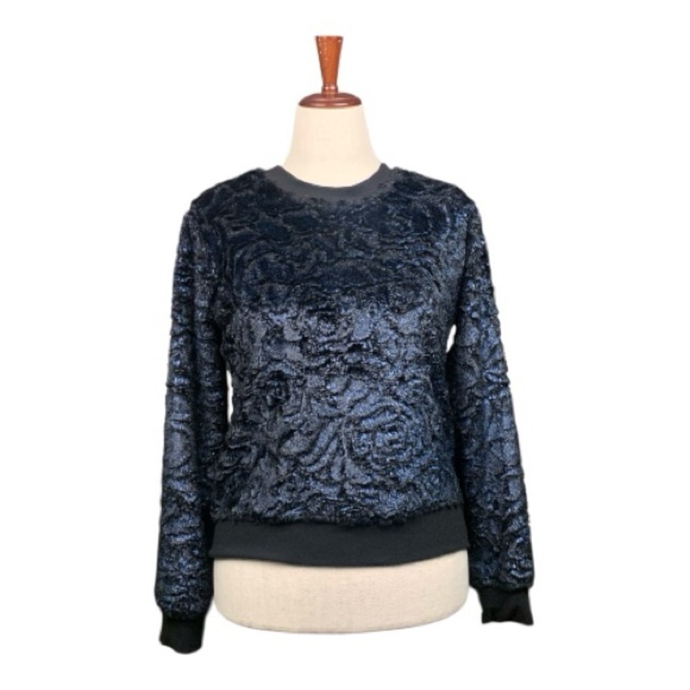 Navy Blue Textured Fuzzy Long Sleeve Sweater Jaquard Knit Goth Size Medium‎